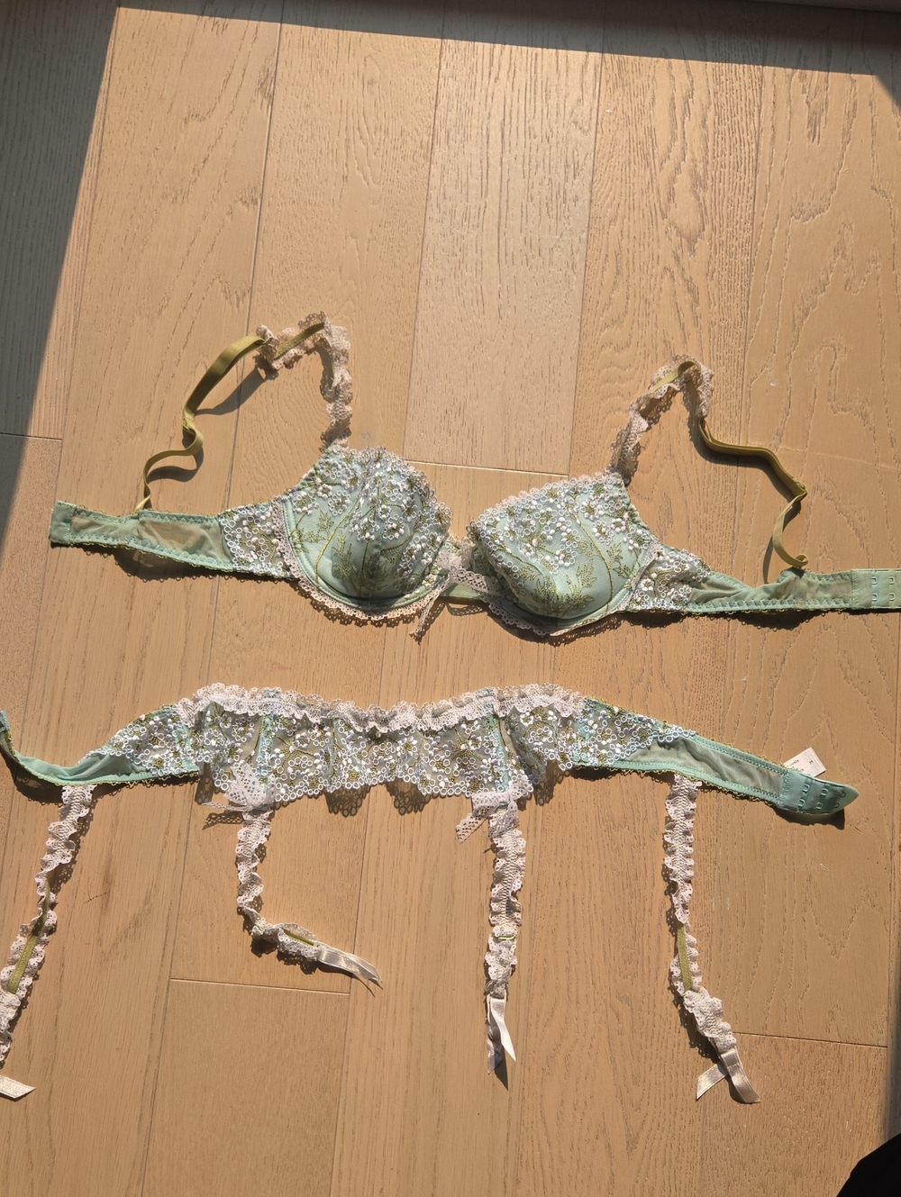 Odille Mint Green Embellished Lace Bra & Garter Set